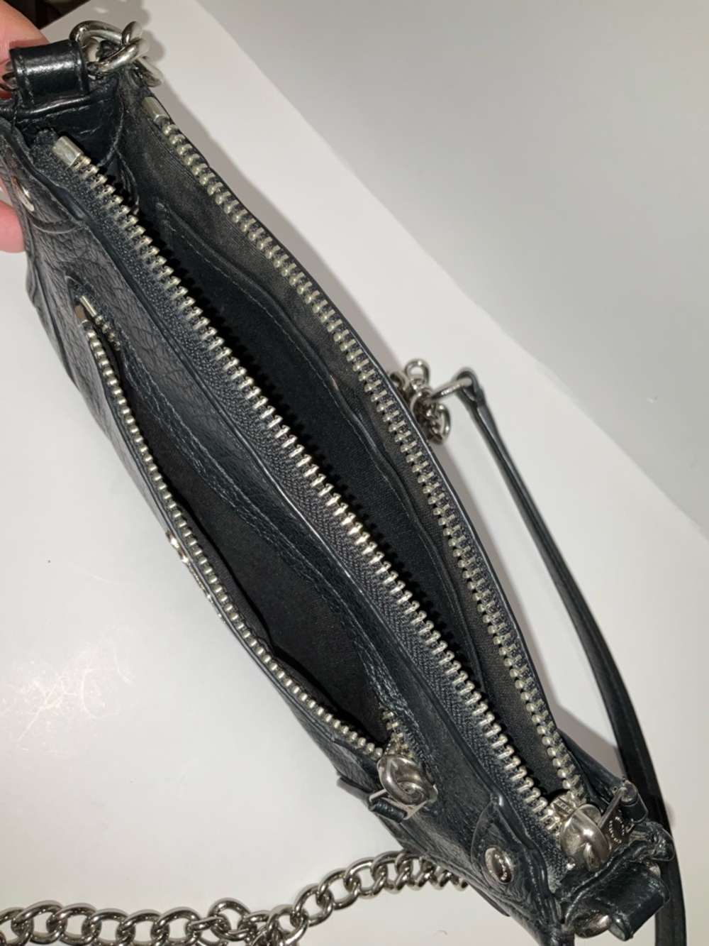 COACH Shoulder Bag Mickie Black pebbled Leather Crossbody w/ Silver Chain Strap - Picture 12 of 14